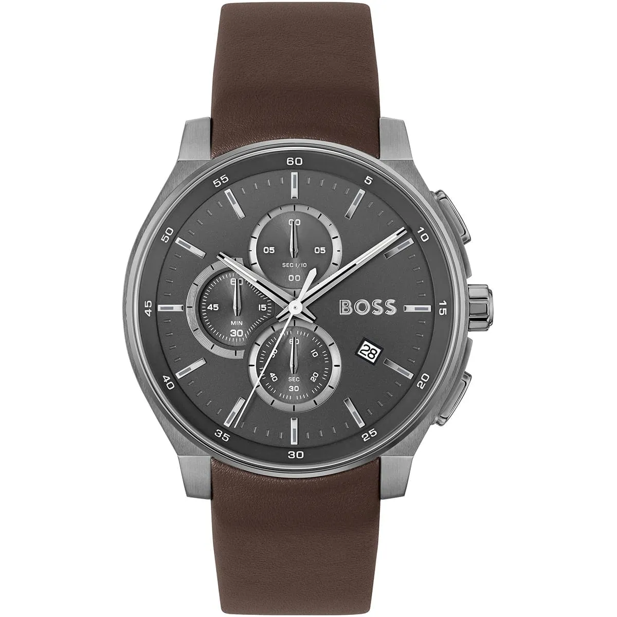 1514187-hugo-boss-watch-men-gray-dial-leather-brown-strap-quartz-battery-analog-chronograph-peak.webp ساعة هوجو بوس للرجال 1514187 - الصورة 1
