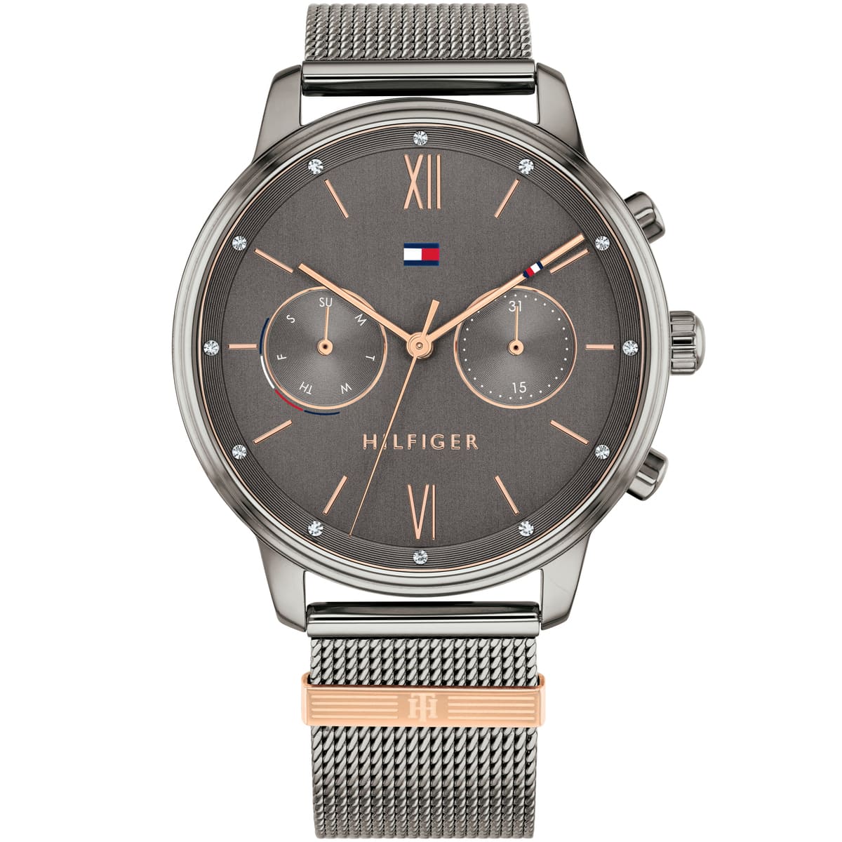 1782304-tommy-hilfiger-watch-women-gray-dial-stainless-steel-metal-grey-mesh-strap-quartz-analog-day-date-month-blake.jpg ساعة تومي هيلفيغر للنساء 1782304 - الصورة 1