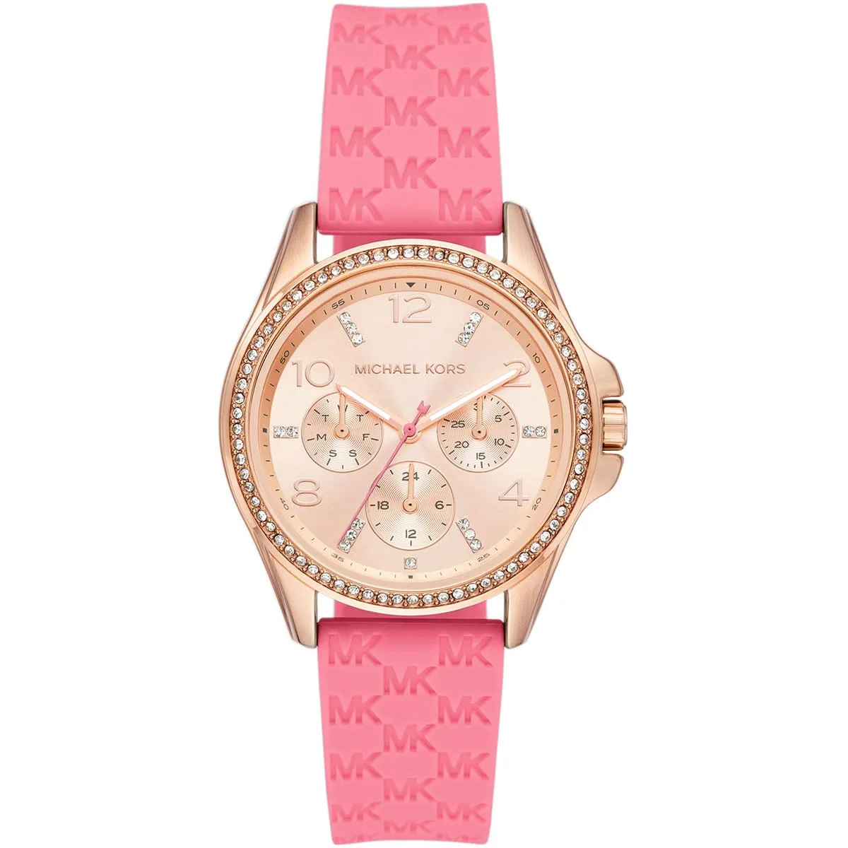 mk7375-michael-kors-watch-women-mk-logo-rose-gold-dial-rubber-pink-strap-quartz-battery-analog-mini-pilot.webp ساعة مايكل كورس للنساء MK7375 - الصورة 1