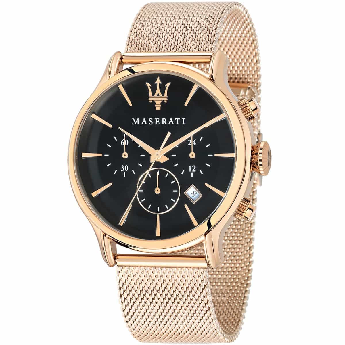 r8873618005-maserati-watch-men-black-dial-metal-stainless-steel-rose-gold-mesh-strap-quartz-battery-analog-chronograph-epoca.jpg ساعة مازيراتي للرجال R8873618005 - الصورة 1